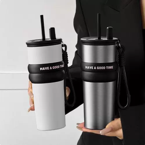 Вместительный и большой кофейный стакан из нержавеющей стали, трубочка со стаканом