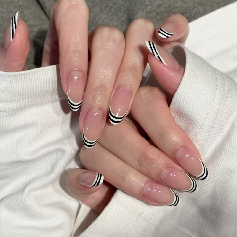 Purely Handmade Black and White Line French-Style Wearable Nail Art, Fashionable and Unique Zebra Pattern with a High-End Feel, Trendy Nail Stickers Purely Handmade Black and White Line French-Style Wearable Nail Art, Fashionable and Unique Zebra Pattern with a High-End Feel, Trendy Nail Stickers