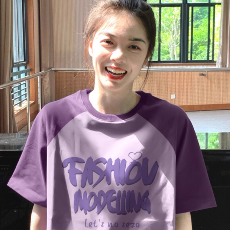 Purple Raglan Short-Sleeve T-Shirt for Women 2026 New Summer Dopamine Style Regular Shoulder Loose Half-Sleeve Design Trendy Top Purple Raglan Short-Sleeve T-Shirt for Women 2026 New Summer Dopamine Style Regular Shoulder Loose Half-Sleeve Design Trendy Top