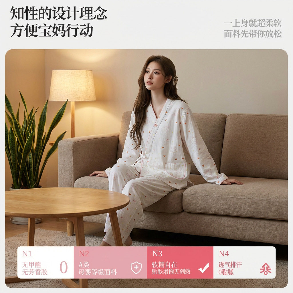 全棉进口新款纯棉纱布可爱泰迪月子服套装薄款孕妇产后哺乳睡衣套 — 5