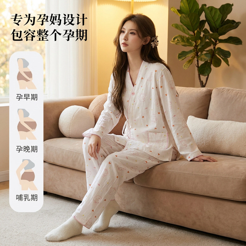 全棉进口新款纯棉纱布可爱泰迪月子服套装薄款孕妇产后哺乳睡衣套 — 4