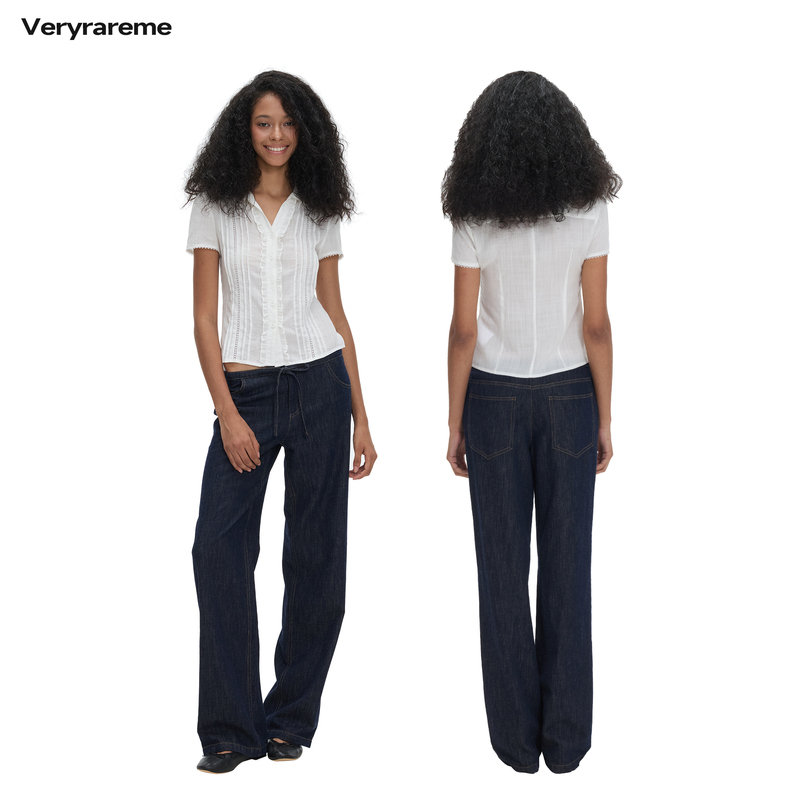 Veryrareme Cotton and Linen Low-Waist Lace-Up Thin Denim Casual Pants