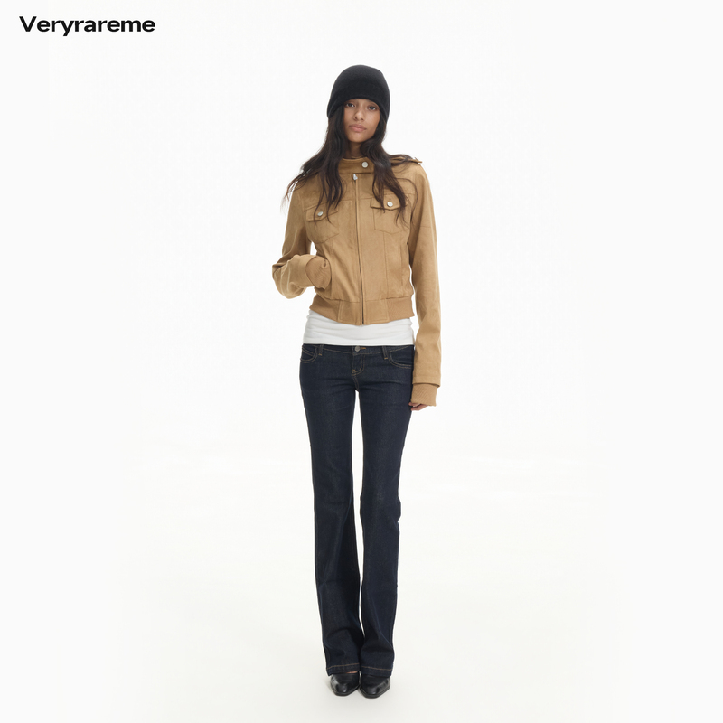 Veryrareme Suede Waist-Cinching Jacket with Stand Collar and Waist-Cinching Suede Top Coat