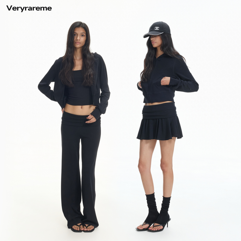 Veryrareme Hooded Sports Top Sweatshirt Cardigan | Sports Skirt | Low-Waisted Cuffed Sports Pants