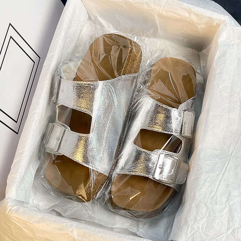 Silver Crackle-Patterned Thick-Soled Birkenstock Slippers for Women, Summer Outdoor Cork Buckle Strap Fashion Casual Shoes, Beach Sandals