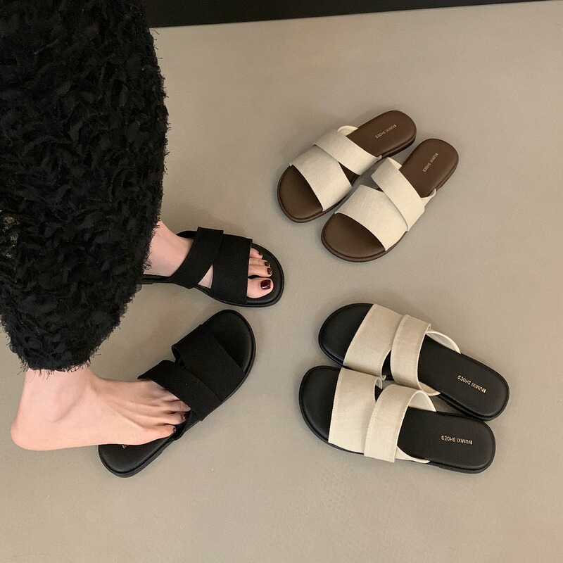 Niche Design Linen Square Toe Open Toe Square Toe Slippers for Women Summer Outer Wear Fairy Style Seaside Vacation Beach Sandals