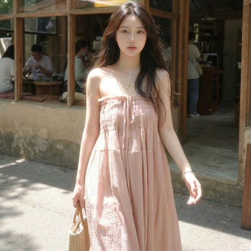 First Love Vibe Outfit Pink Sleeveless Tube Top Dress with Tie-Up Straight Skirt Seaside Vacation Style Long Dress for Summer Women