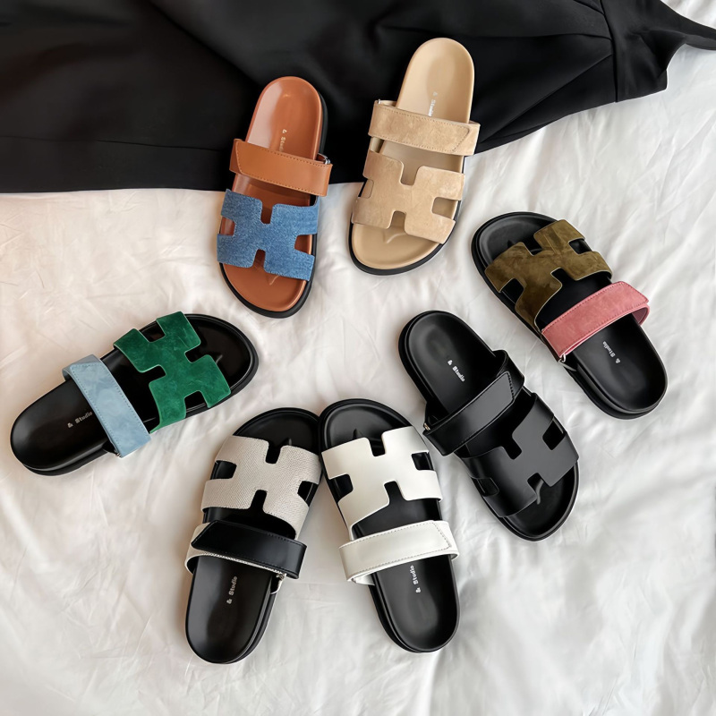 Sheepskin Version ~ Internet Celebrity Erjiu Slippers for Women 2024 New Style One-Line Strap Outer Wear Velcro Casual Thick-Soled H Sandals