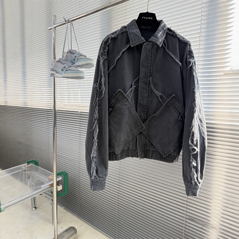 26 Autumn/Winter New Mm6 Margiela Jacket with Large Diamond Pattern Pockets, Frayed Edges, Vintage Washed Turn-Down Collar Jacket for Men
