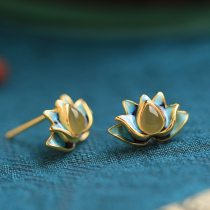 S925 silver needle and field jade lotus ear nail woman 2024 new exploits Chinese wind retro earrings small crowned earrings