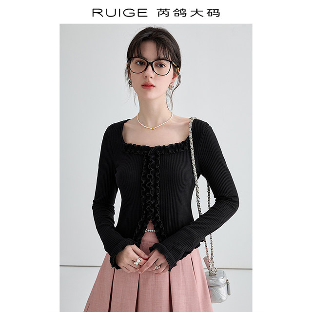 Rui Ge plus size 2024 new sweater women's spring fat mm slit top with slim sweater base