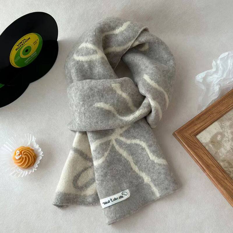 Gray Scarf for Women 2025 New Winter Korean Style Thickened with Bowknot for Girls, Wool Blend