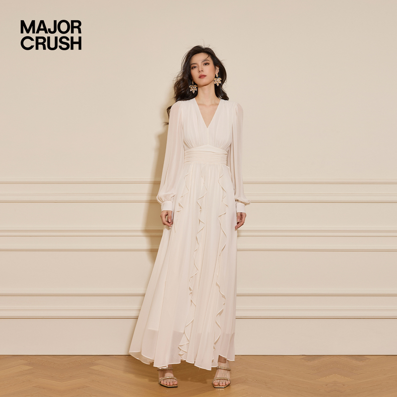 Major Crush Celebrity Style French Elegant White Long-Sleeved Dress Women's Vacation Long Dress 6683