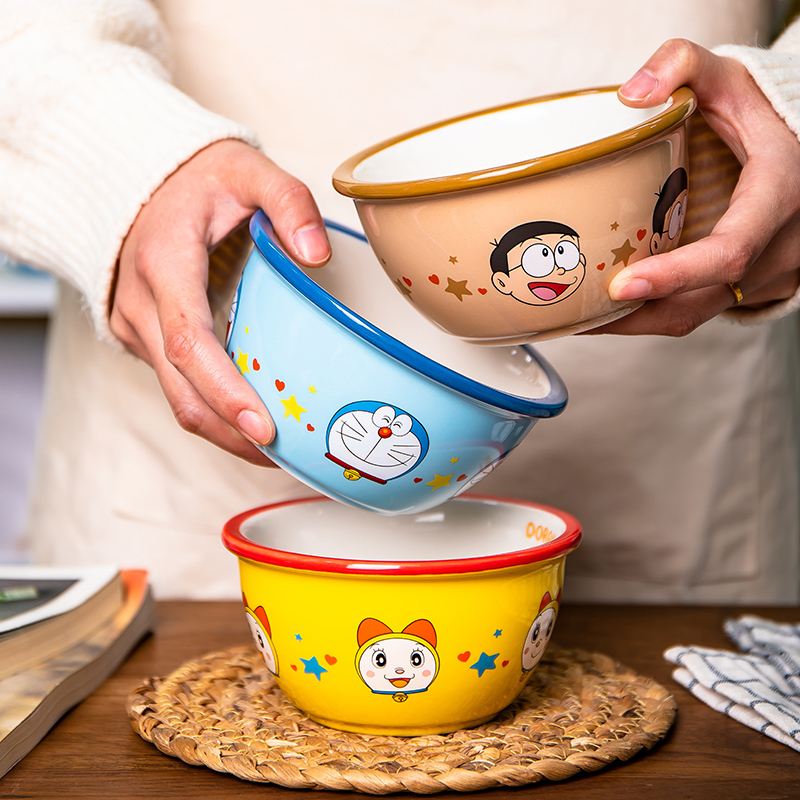 Doraemon Cartoon Rice Bowl for Home Use, Baby and Children's Breakfast Bowl, Doraemon Blue Chubby Ceramic Bowl Tableware