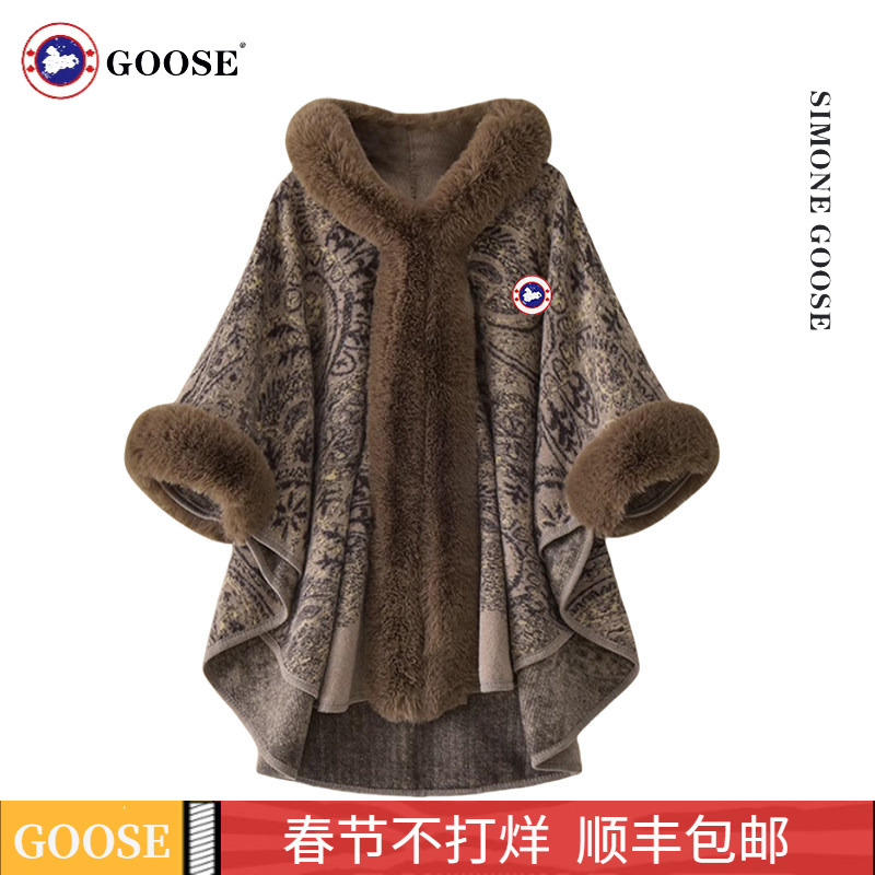 Authentic Canadian Goose down Hooded Cape Winter Warm and Cold-Resistant Woolen Coat with Large Fur Collar Shawl