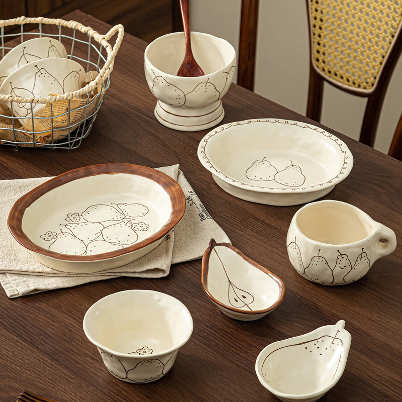 Wabi-Sabi Style Rice Bowl, Hand-Painted Pear Ceramic Bowl, Tableware Set, Particularly Beautiful Bowl, Yogurt Bowl, Breakfast Plate