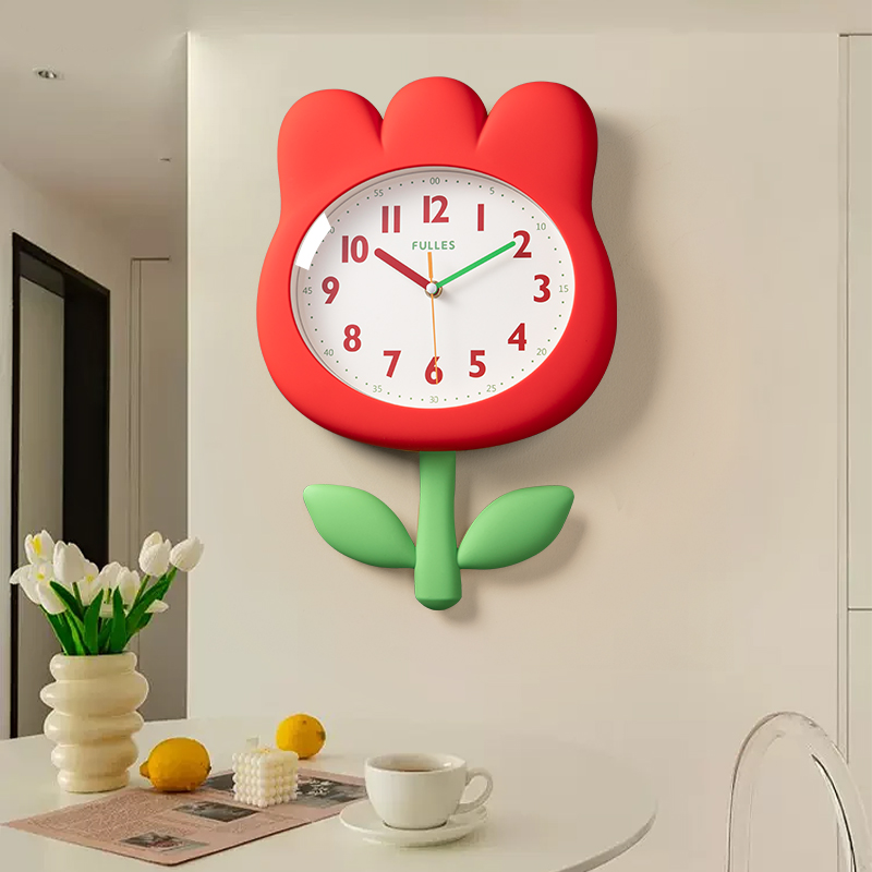 Small red flowers creative hanging clock Living room Restaurant clock hanging wall 2023 new modern minimalist living room clocks free of punch-Taobao