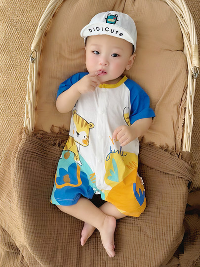 Baby Summer Jumpsuit, Short-Sleeved Romper for Boys, Cartoon Tiger, Super Cute Outing Clothes, Newborn Crawling Clothes, Pure Cotton