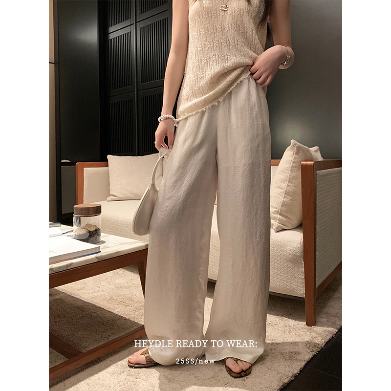 Black Bean Hum Hum Temperature-Free* Slightly Wrinkled Texture Acetate Wide-Leg Pants for Women, Summer Thin Loose Straight Pants