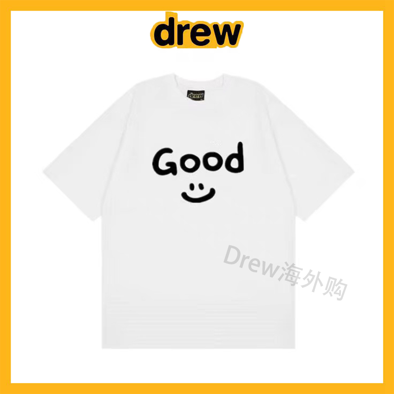 [Official Website Authentic Product] Drew Smiley Face Good Large Letter Print on the Chest Short-Sleeved T-Shirt, Loose and Casual, Unisex Style