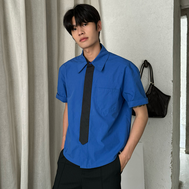 Dm Tenacious High-End Klein Blue All-Cotton Short Wide Boxy Short-Sleeve T-Shirt Shirt with Built-In Tie for Summer