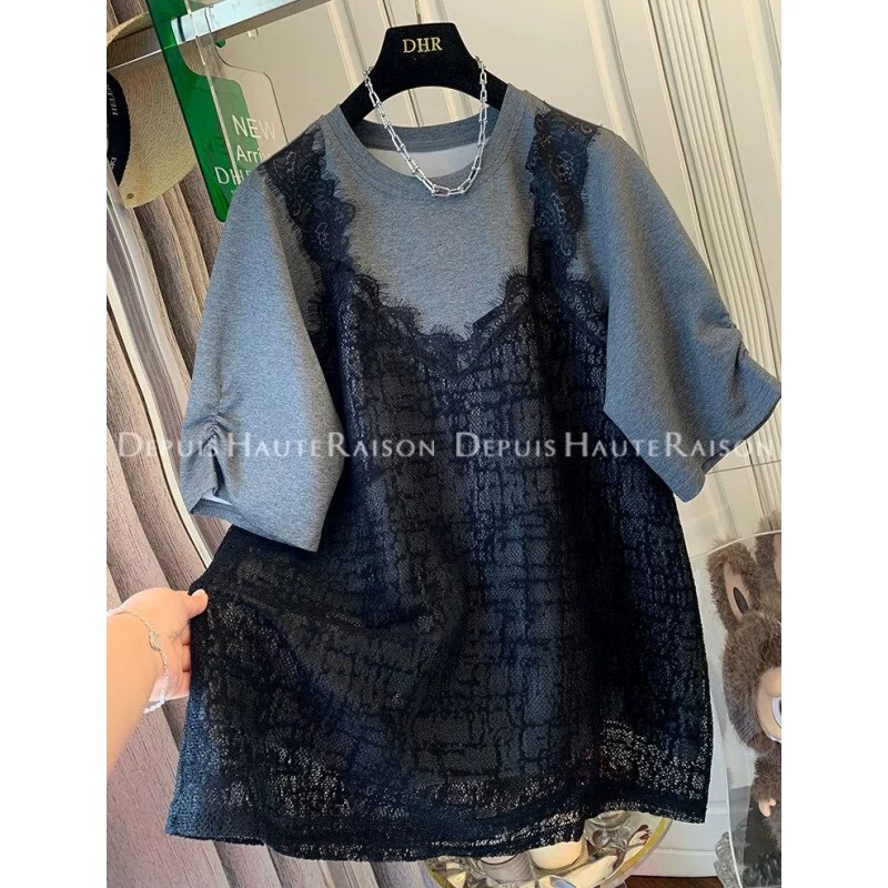 Extra Large Size 150kg Lace Camisole Fake Two-Piece Short-Sleeved T-Shirt for Men and Women, Summer Thin Loose-Fitting Base Shirt