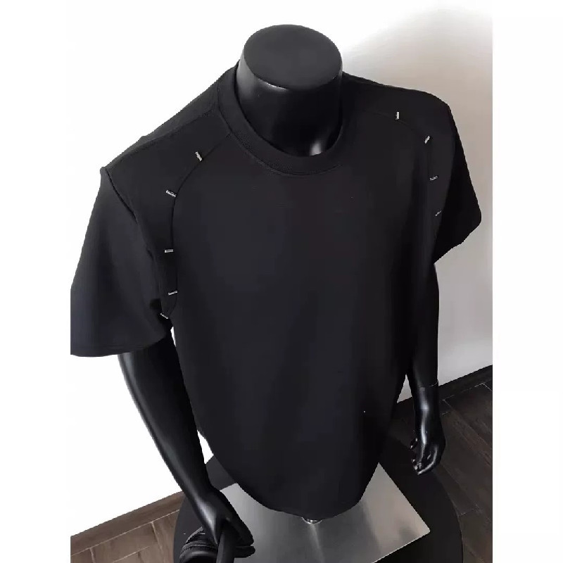 Extra Large Size 150kg Metal Design Padded Shoulder Short-Sleeved T-Shirt for Men and Women, Summer Couple's Loose Casual Round-Neck Clothing