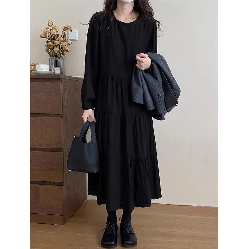 Maternity Wear Korean Style High-End Black Long-Sleeved Dress Autum Large Size Loose Slimming Elegant Spliced ​​Long Skirt