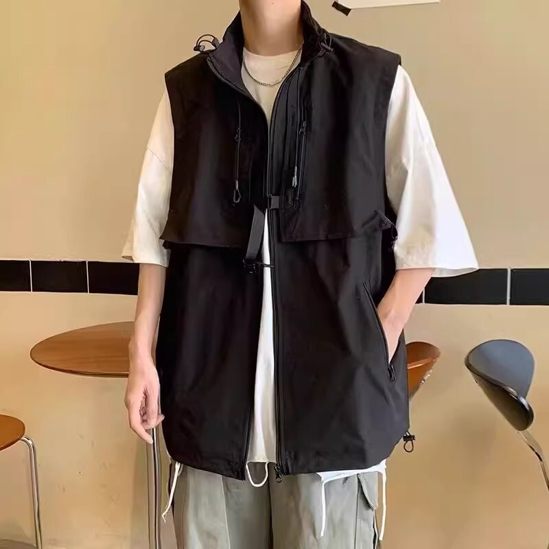 Plus Size 1.0-150kg Japanese Style Trendy Workwear Vest for Men, Summer Versatile Stand Collar Sleeveless Jacket Trendy