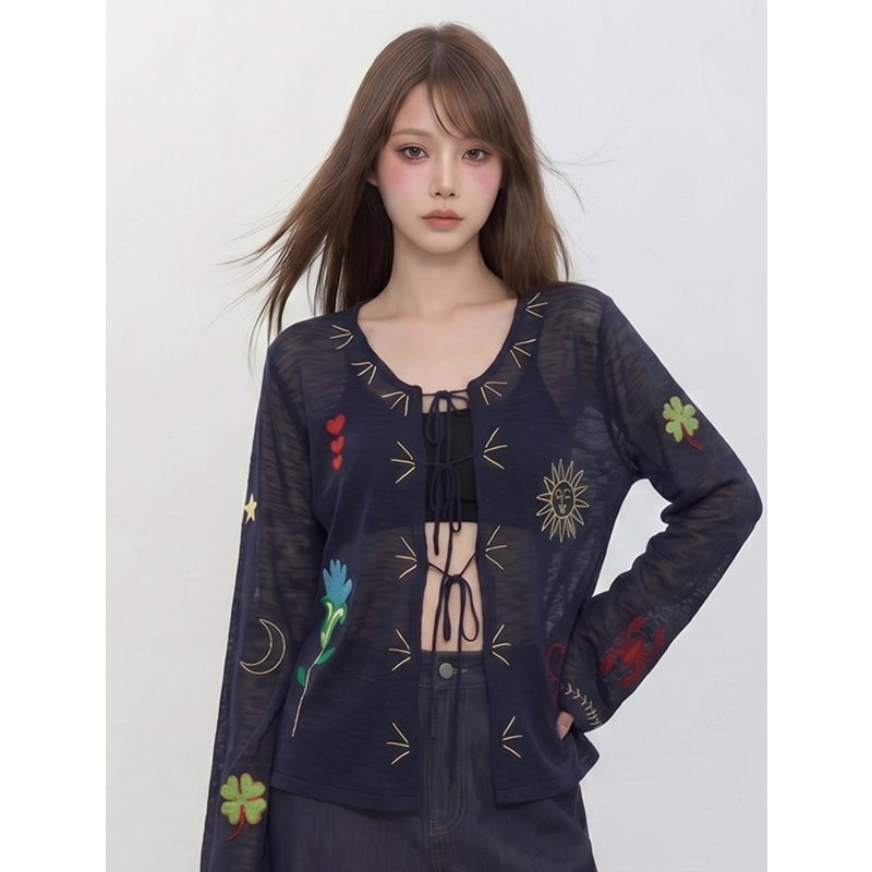 Extra Large Size Exquisite Embroidered Lace-Up Long-Sleeved Shirt for Women Summer 150kg Loose Slimming Casual Cardigan for Plus-Size Women Ins Extra Large Size Exquisite Embroidered Lace-Up Long-Sleeved Shirt for Women Summer 150kg Loose Slimming Casual Cardigan for Plus-Size Women Ins