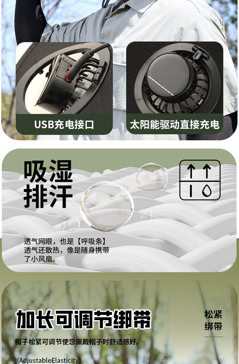 Фанаты Cap 君诗甄选太阳能风扇帽2025新款空调帽大帽檐男士户外遮阳防晒帽子 3