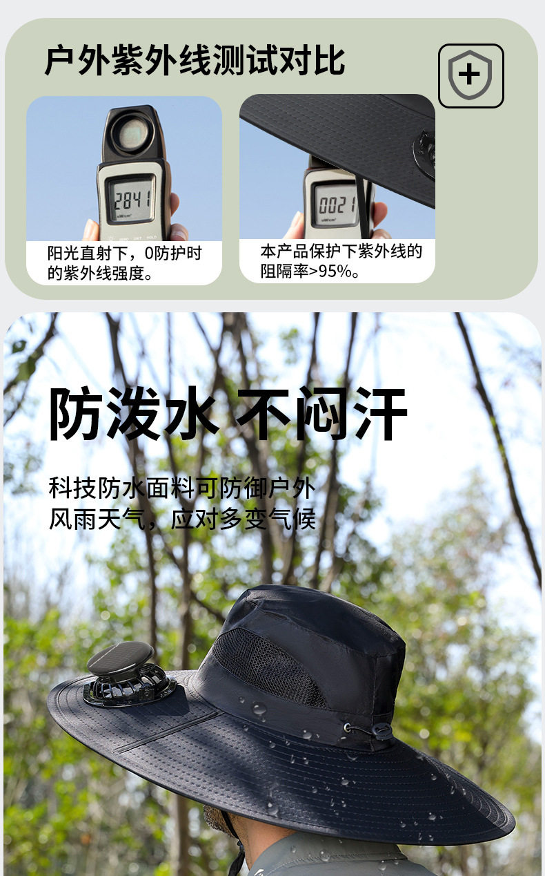 Фанаты Cap 君诗甄选太阳能风扇帽2025新款空调帽大帽檐男士户外遮阳防晒帽子 3
