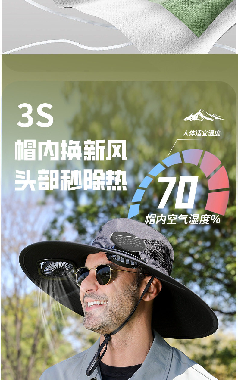 Фанаты Cap 君诗甄选太阳能风扇帽2025新款空调帽大帽檐男士户外遮阳防晒帽子 3