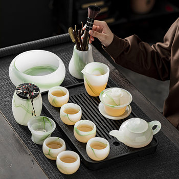 Yangzhi Jade Porcelain Glazed Kung Fu Tea Set 2025 New Model Light Luxury High-End Household Premium Tea Cup Gift Box