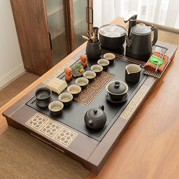 New Complete Tea Set with Automatic Kettle and Integrated Tea Tray, High-End Home Use Living Room Kung Fu Tea Table Tea Ceremony