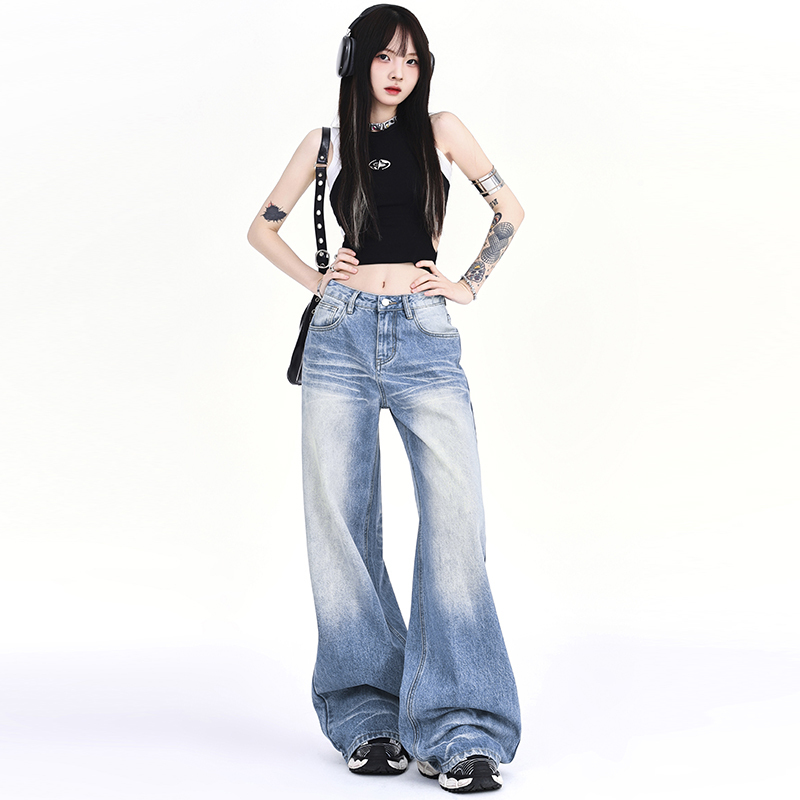 Yujiangting's New Summer Style American-Style Wrinkled Distressed Washed Denim Floor-Length Slimming Loose Straight Wide-Leg Pants Yujiangting's New Summer Style American-Style Wrinkled Distressed Washed Denim Floor-Length Slimming Loose Straight Wide-Leg Pants