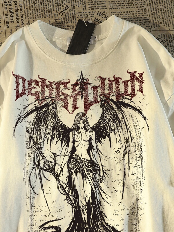 Plus Size 150kg European and American High Street Angel Print Pure Cotton Short-Sleeved T-Shirt for Men and Women Summer American Retro Half-Sleeved Top
