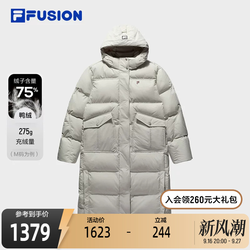 Fila Fusion Trendy Brand Long down Jacket for Women, New Winter Style, Loose and Warm Hooded Coat