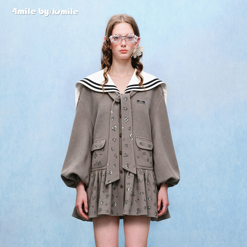 4Mile by Ksmile 26 Autumn/Winter New Navy Collar Woolen Beaded Dress College Style A-Line Skirt