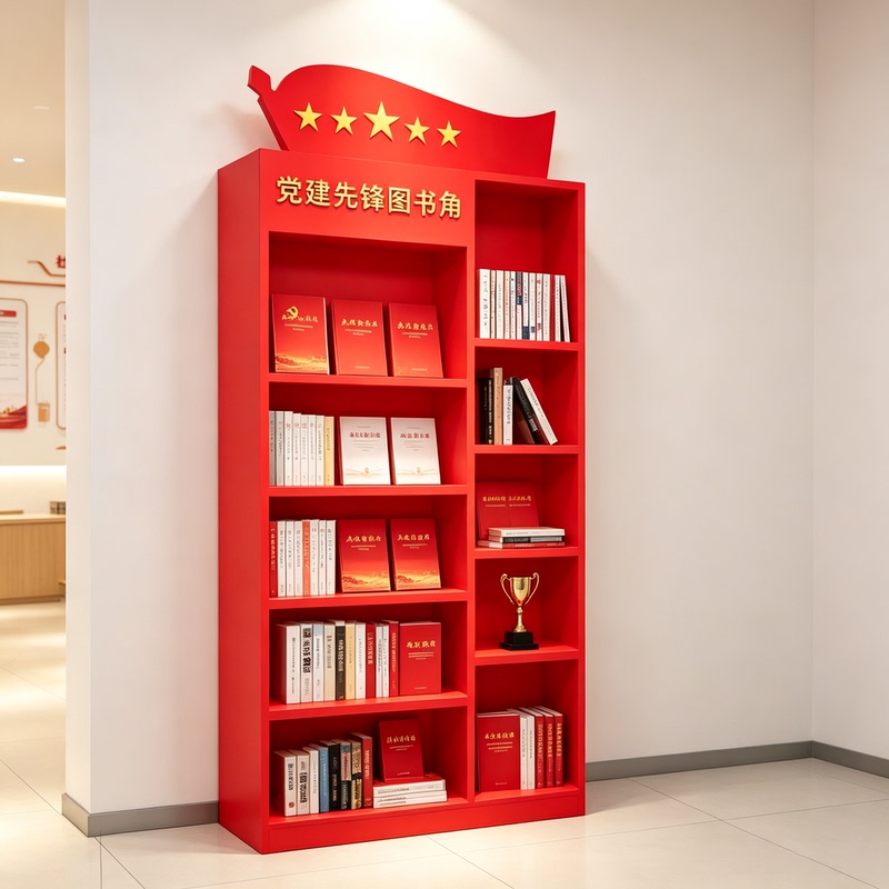 Party Building Bookshelf, Red Theme Cultural Bookcase, Party Member Activity Room, Honor Display Rack, Reading Corner Floor-Standing Storage Rack
