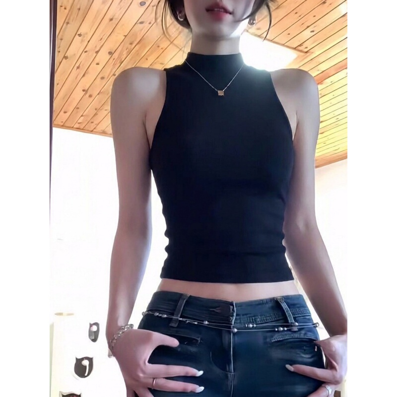 Black Half-High Collar Knitted Camisole for Women, New Summer Style, American-Style Hot Girl Slim-Fit Short Sleeveless Top Black Half-High Collar Knitted Camisole for Women, New Summer Style, American-Style Hot Girl Slim-Fit Short Sleeveless Top