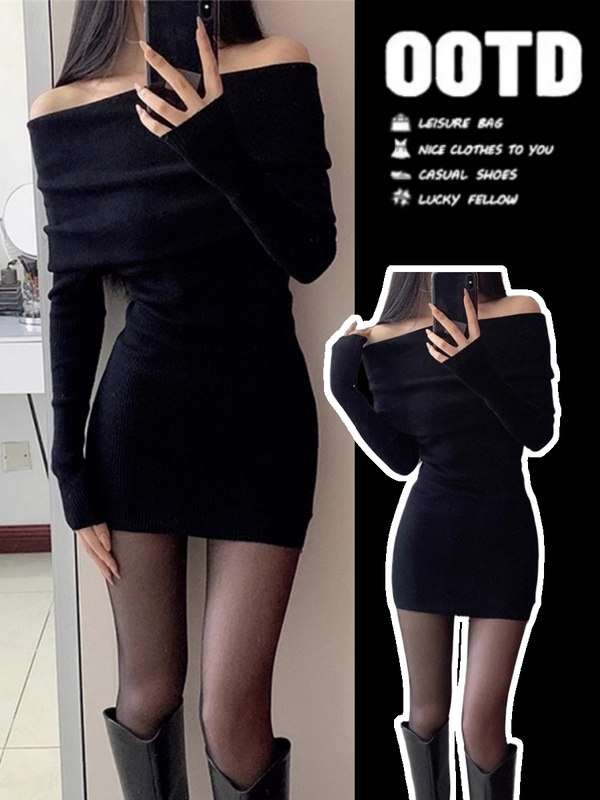 Black Off-Shoulder Sweater Dress 2026 New Women's Autumn and Winter Coat Inner Layer Knit Bodycon Skirt Black Off-Shoulder Sweater Dress 2026 New Women's Autumn and Winter Coat Inner Layer Knit Bodycon Skirt