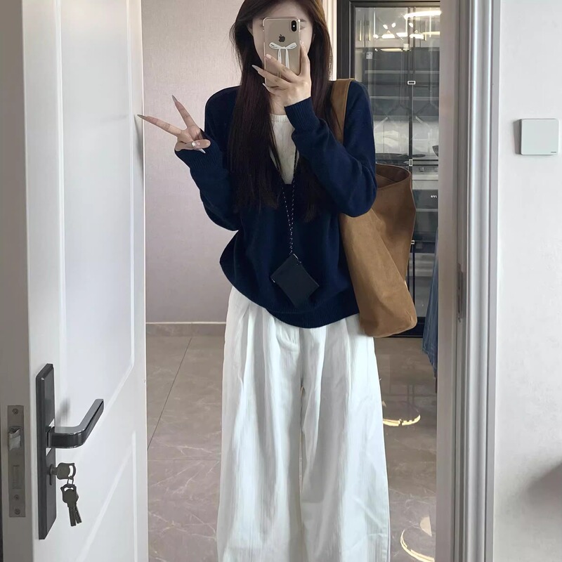 Lazy Style Soft and Loose V-Neck Blue Sweater Knitted for Women, Autumn and Winter 2026 New Style Fake Two-Piece Long-Sleeved Top