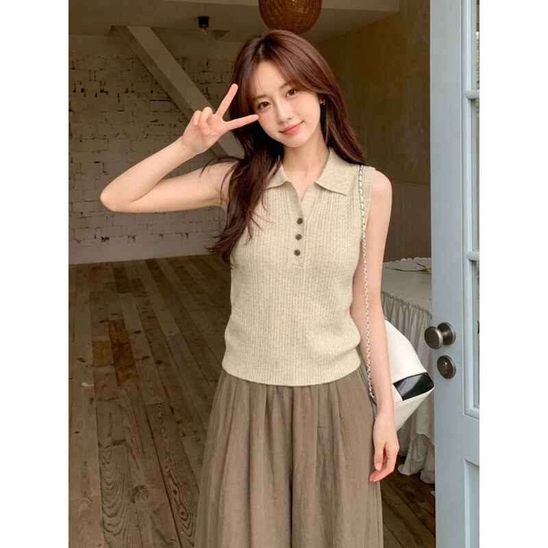 High-End Linen-Colored Polo Collar Ice Silk Knit Vest for Women, Summer Thin Style, Old Money Style Sleeveless Top with Turn-Down Collar