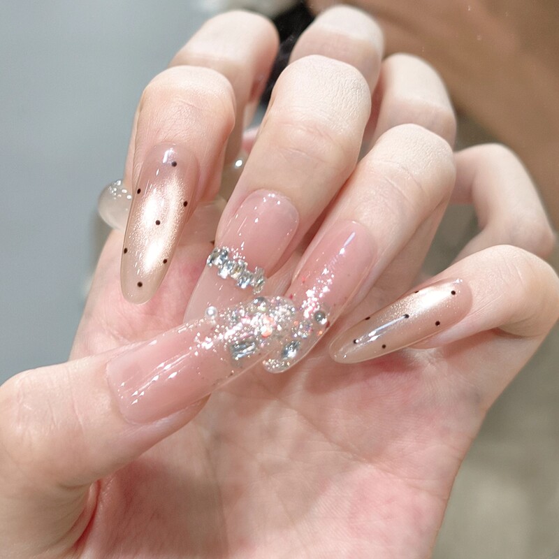 Purely Handmade Wearable Nails, New Style, Sparkling Champagne Color, Cat-Eye Effect, Medium-Length, Zircon and Rhinestone Embellishments, French Minimalist Style