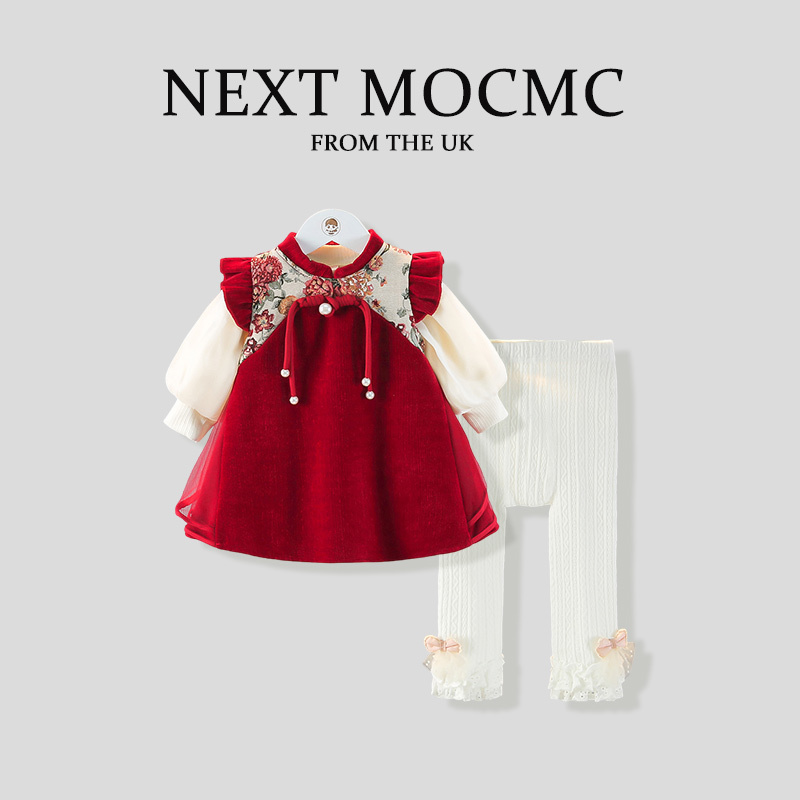 British Netx Mocmc Baby Girl Dress for First Birthday Party Red Autumn and Winter Princess Dress