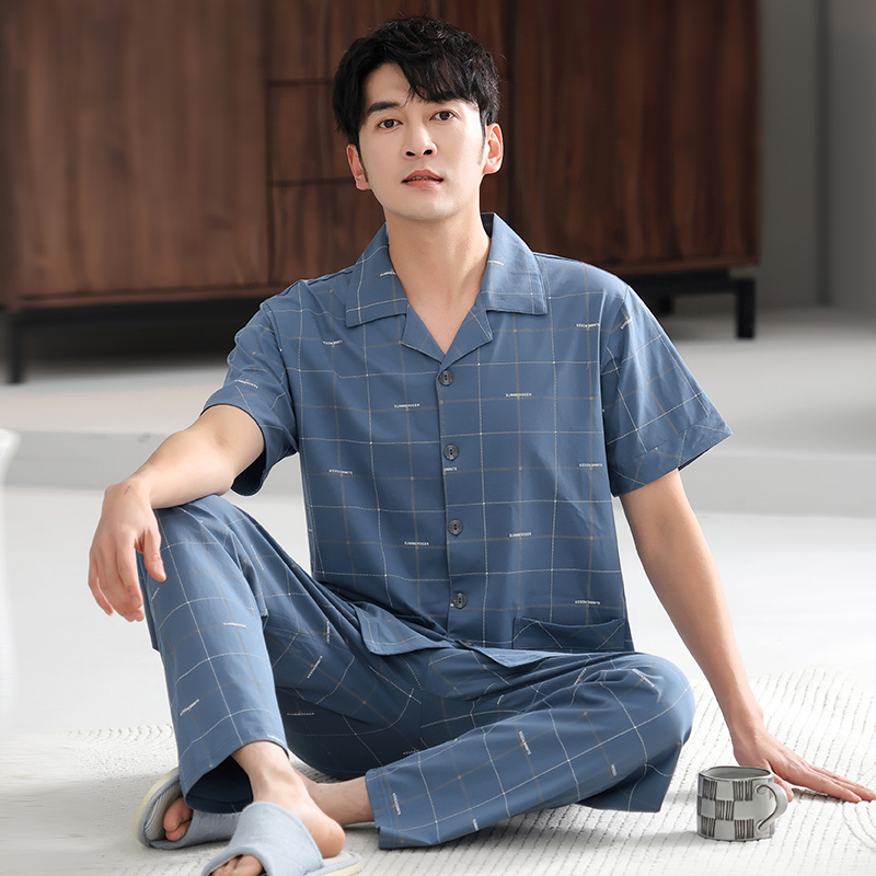 High-End Men's Pajamas, Pure Cotton, Summer Thin Short-Sleeved Long Pants, New Plaid Plus Size, All-Cotton Home Wear Set