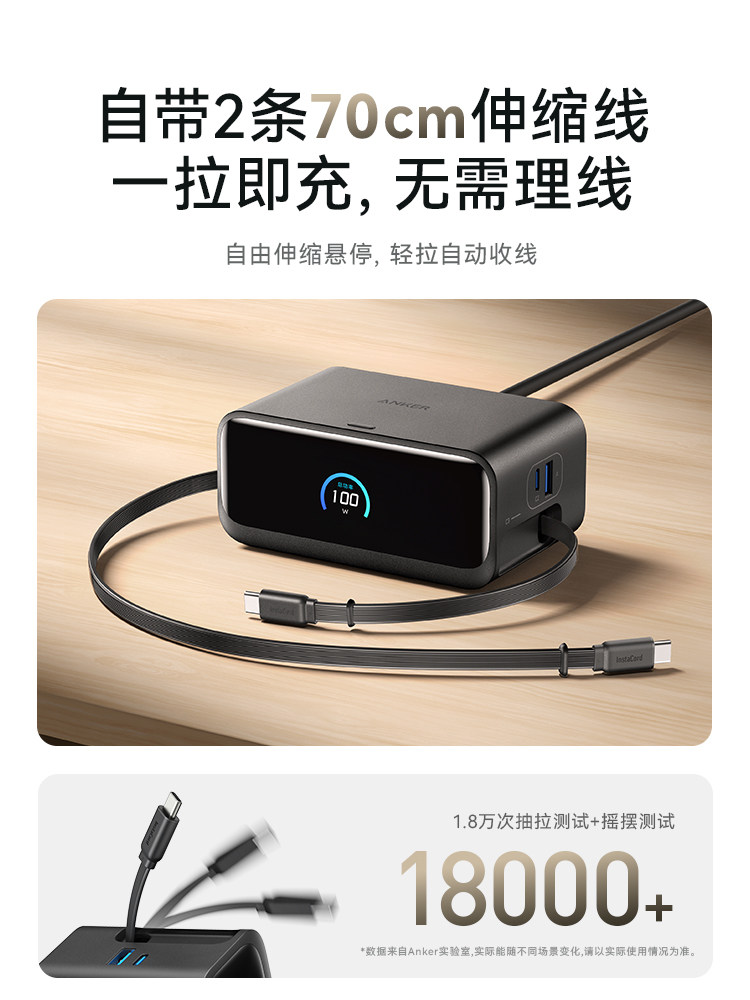 [New Product] Anker 100W Desktop Charging Station with Retractable Data Cable, Compatible with Huawei 66W Fast Charging, Apple Tablet, Laptop Multi-Port Charger Ac Socket