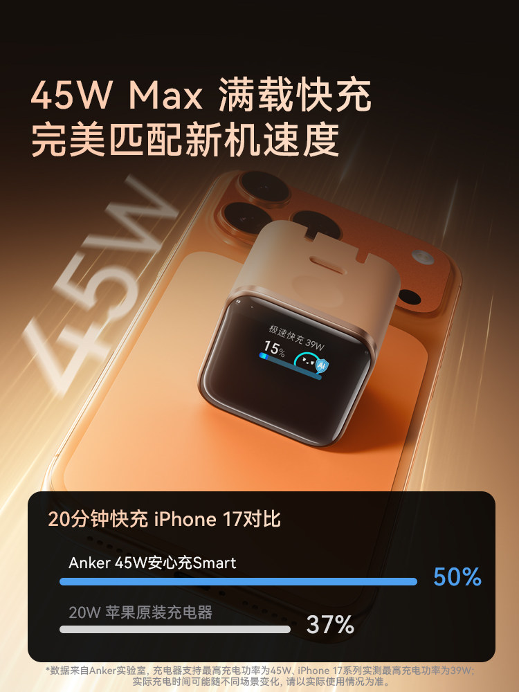 [Preferred for iPhone 17] Anker 45W Safe Charge Smart Charger, Suitable for Apple 17 Pro Max, Dedicated 16 Fast Charging Charger, 15 Phone Screen Display, 14 Gallium Nitride Plug