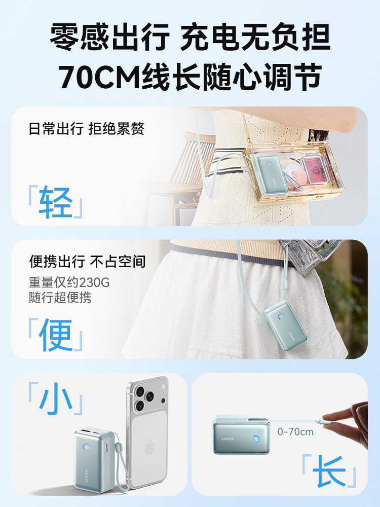 [3C Certified, Suitable for Use on Airplanes] Anker Power Bank with Retractable Cable, 45W Fast Charging, Suitable for Apple 17, Comes with Cable, Dedicated Large Capacity, Compact and Portable Mobile Power Supply